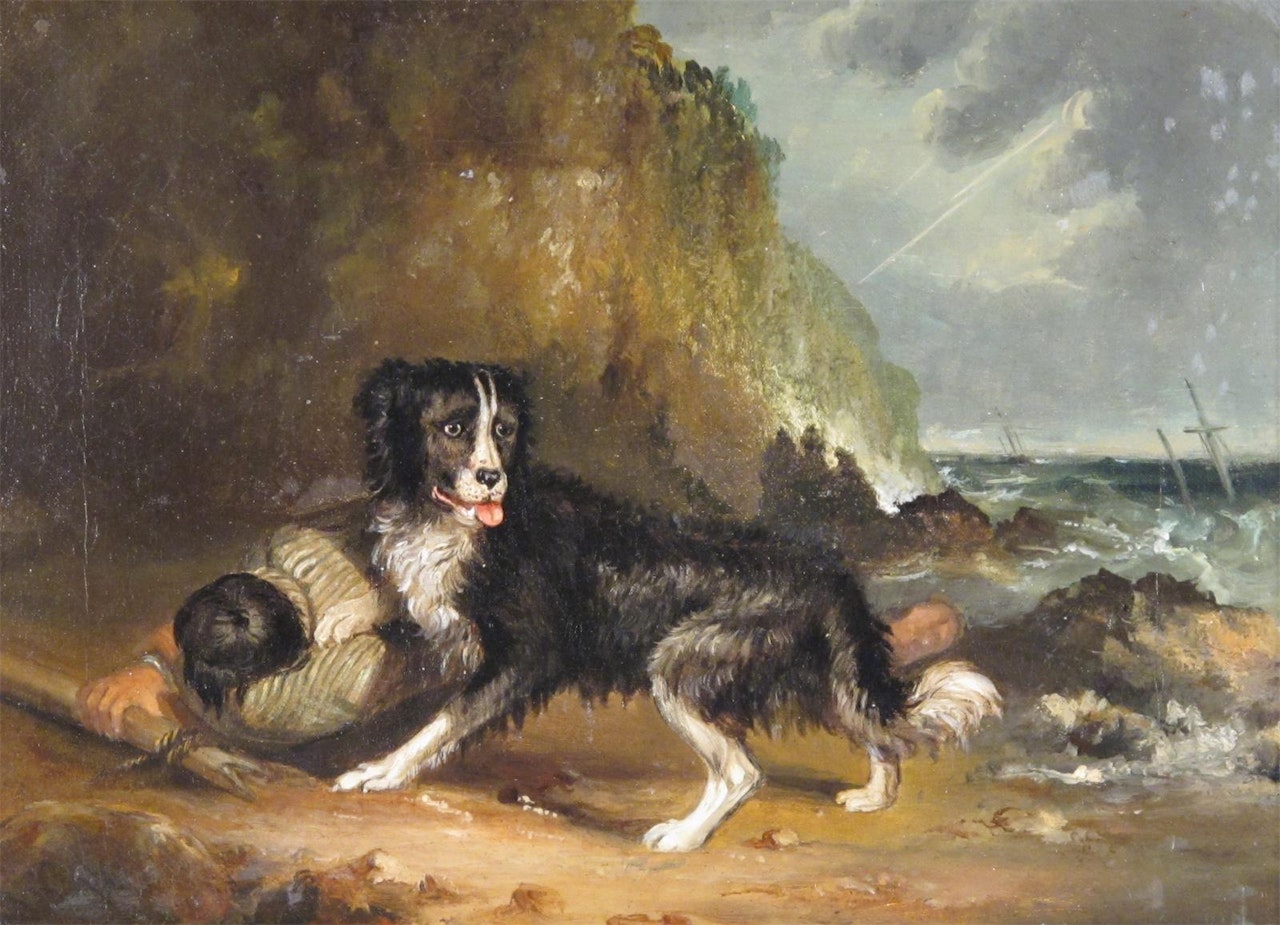 A collie with a shipwrecked sailor by English School