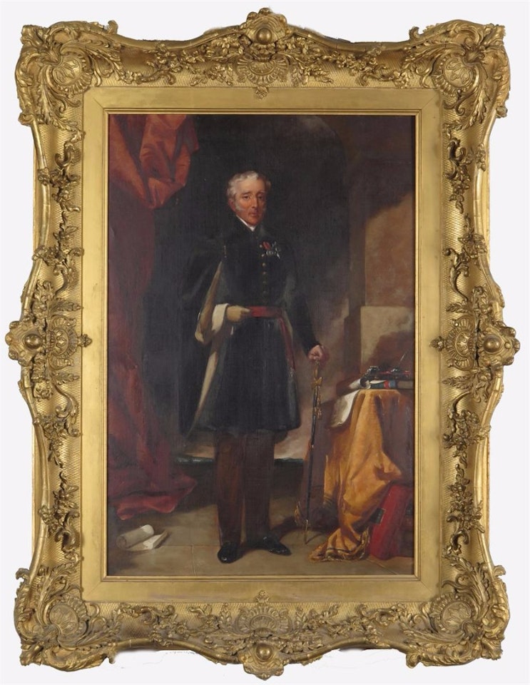 Portrait of Arthur Wellesley, 1st Duke of Wellington, full length standing, wearing the Order of the Garter and Waterloo medal issued 1815-16 by English School