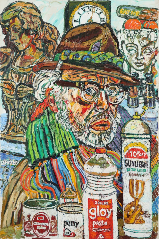 Self portrait surrounded by bottles, busts and a clock by John Bratby