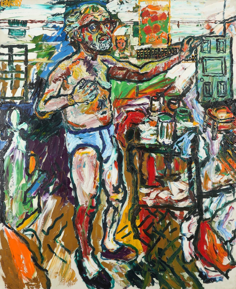 Self portrait standing at his easel in y-fronts by John Bratby