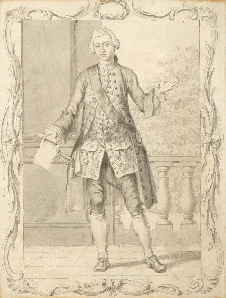 Portrait of a gentleman, standing full-length on a terrace holding a scroll, within a scroll border by English School