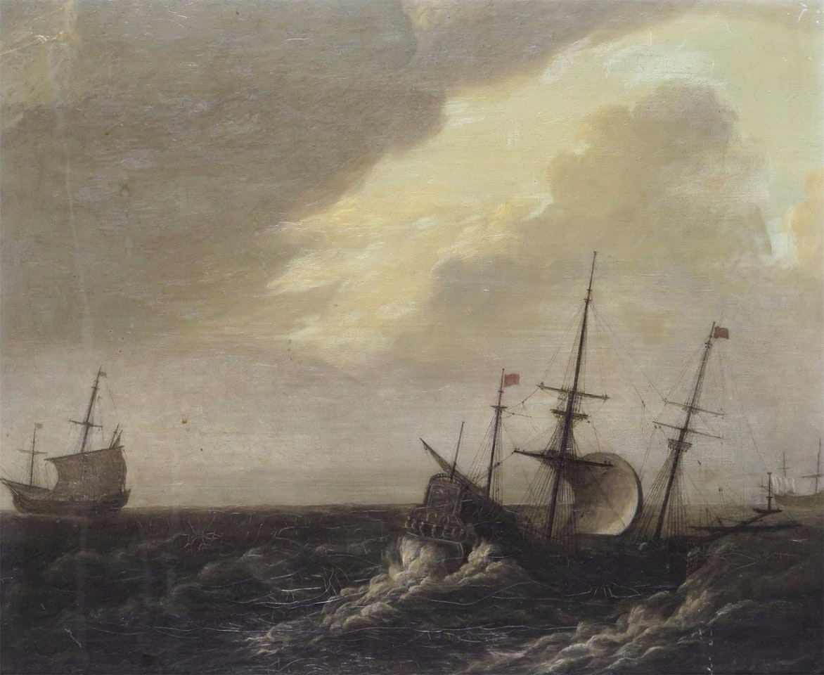 Ships in a stormy sea by Dutch School