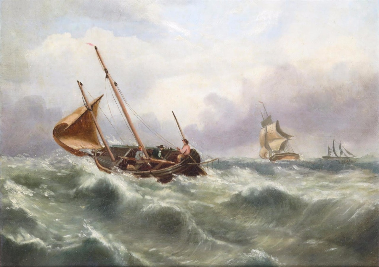 Ships on stormy seas by English School