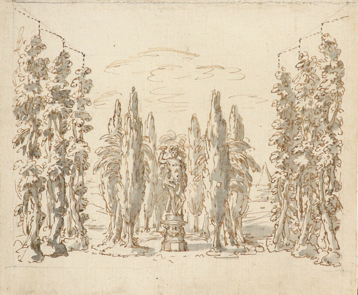 Study of a statue of Bacchus amongst a grove of trees by English School