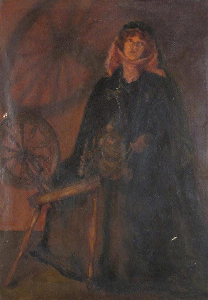 A lady seated at a loom by English School