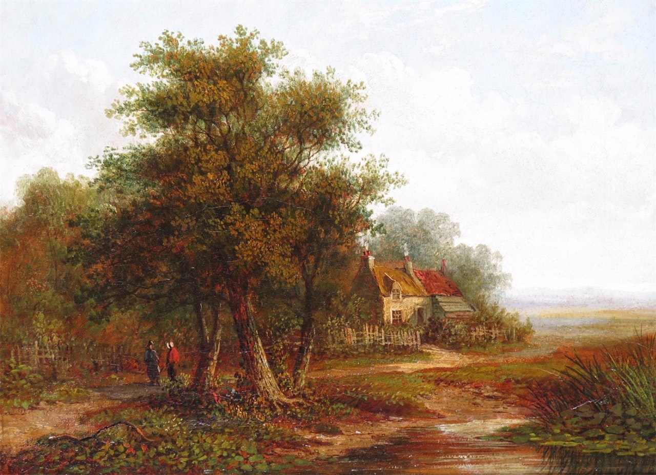 Figures on a track by a country cottage by English School