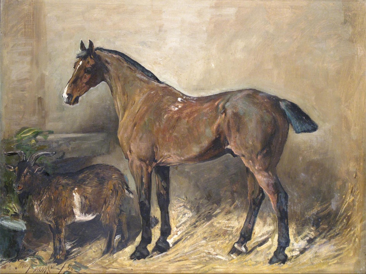 A hunter in a stable with a goat by John Emms