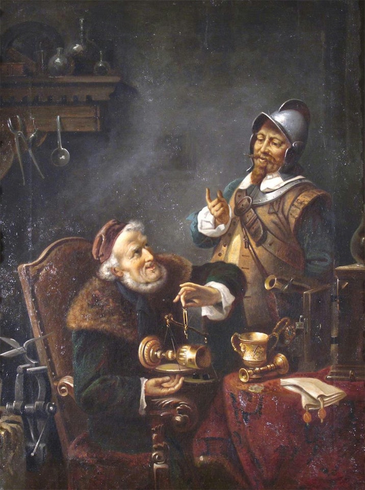 A cavalier selling goods to a silver merchant by Continental School