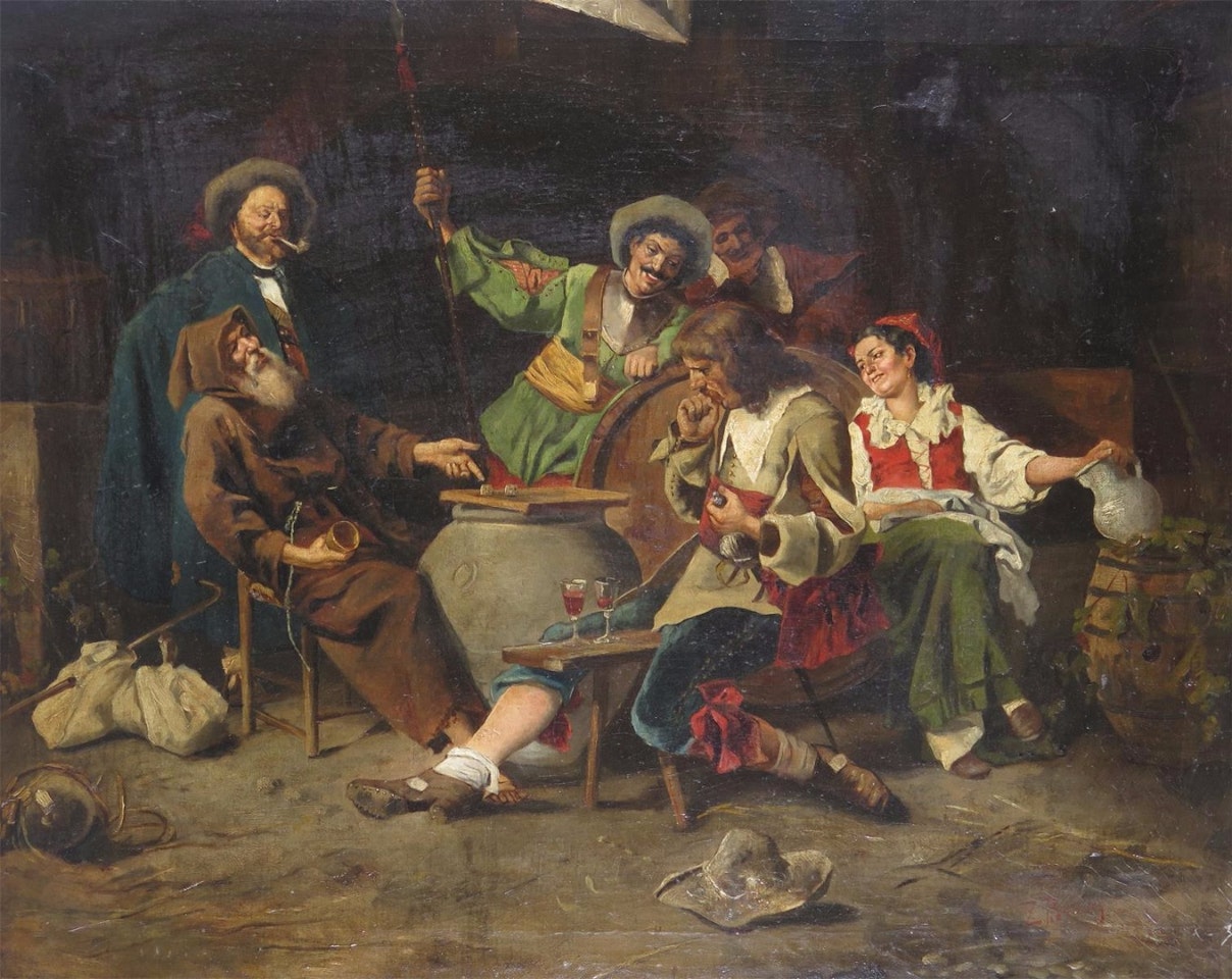 Interior scene with figures and a monk playing dice by Continental School
