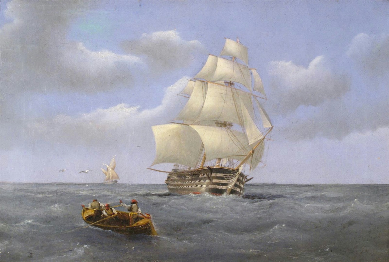 A ship in full sail with tender by English School