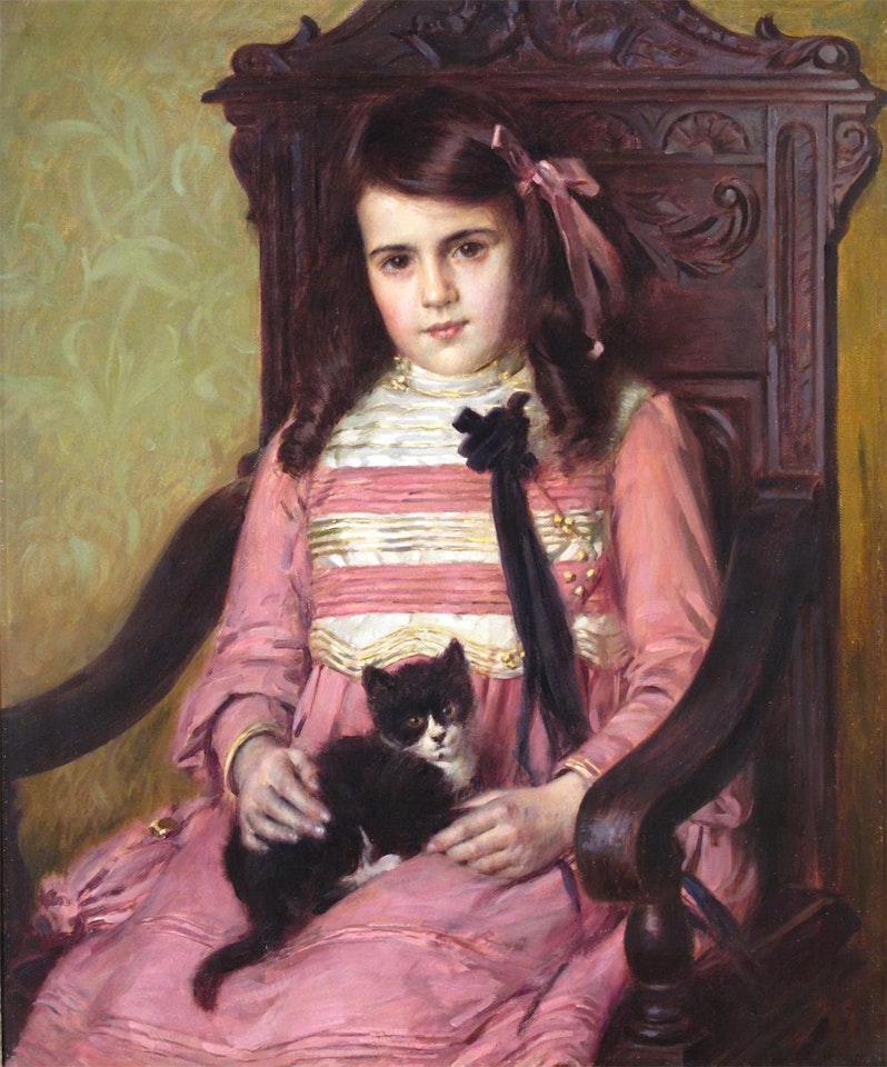Portrait of a girl, seated with her kitten by English School