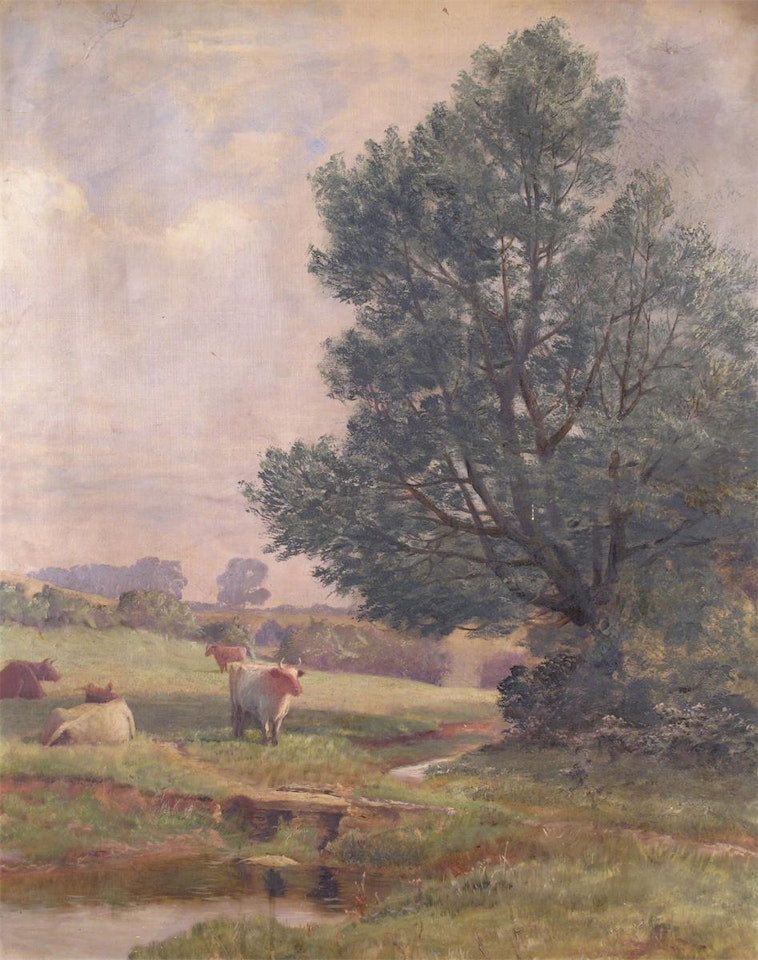 Cattle watering by a stream by English School