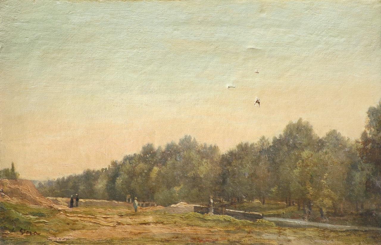 Landscape with figures by a canal by French School