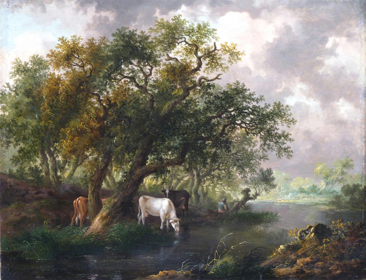 Cattle watering by a wooded river by Dutch School
