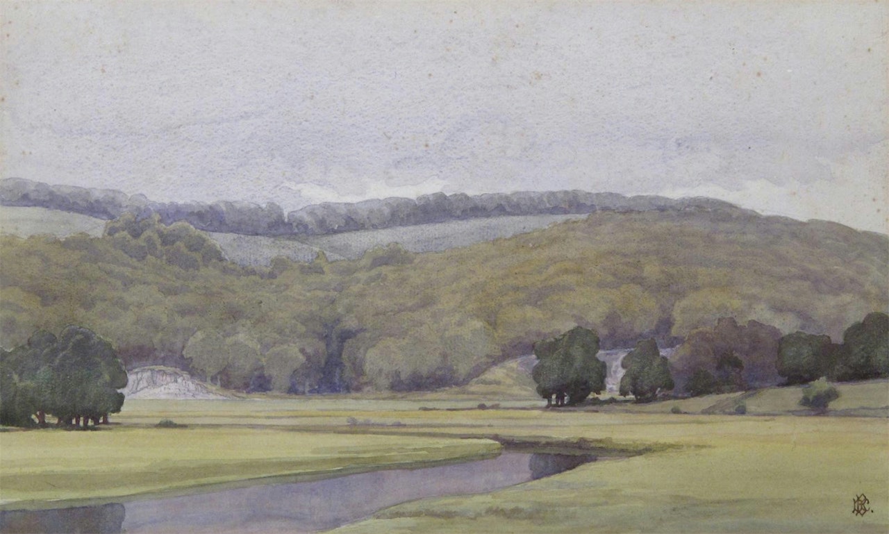 River landscape by English School