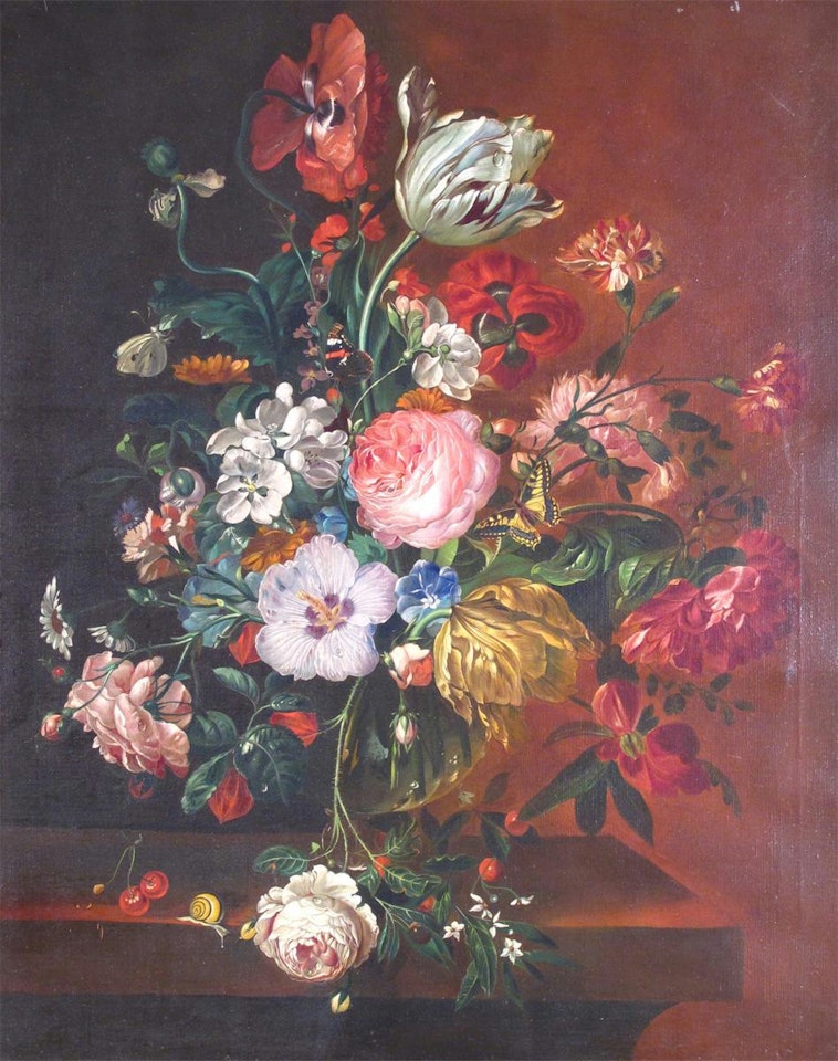 Still life of flowers with butterflies by English School