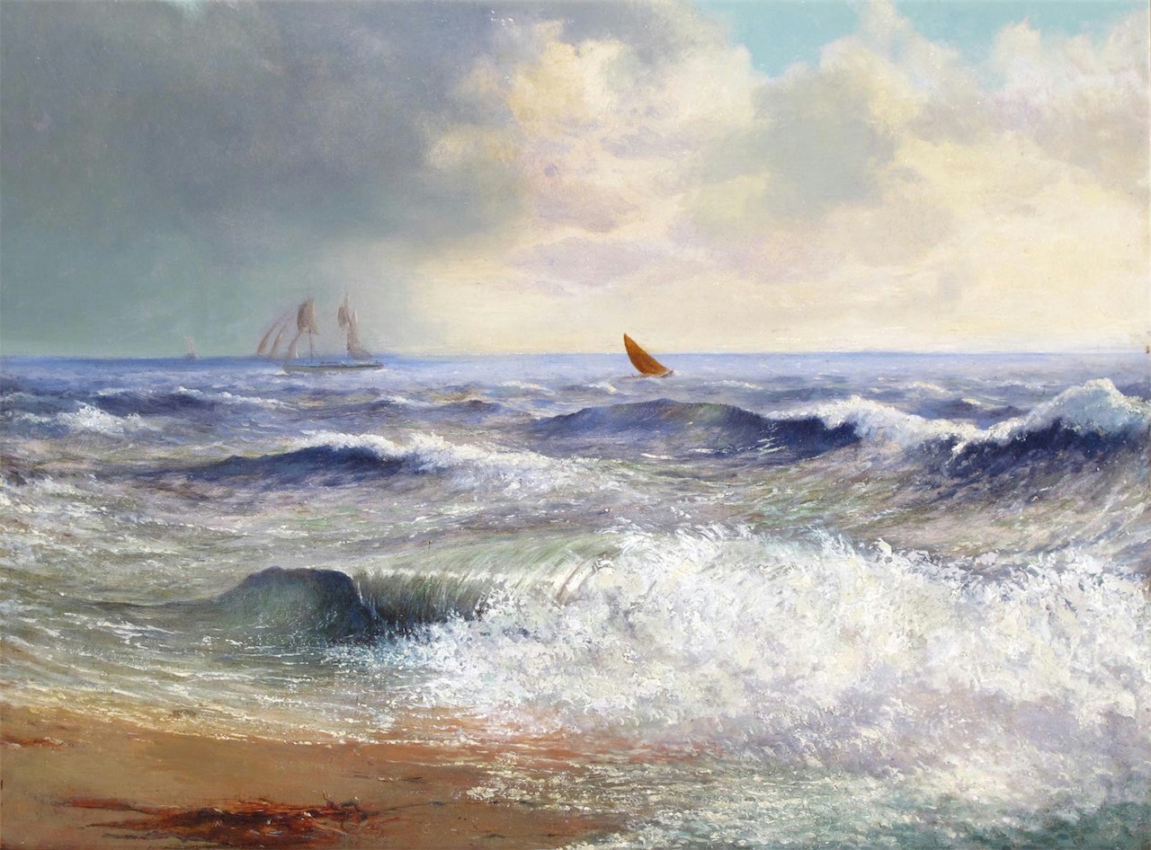 Coastal scene with ships in the distance by English School