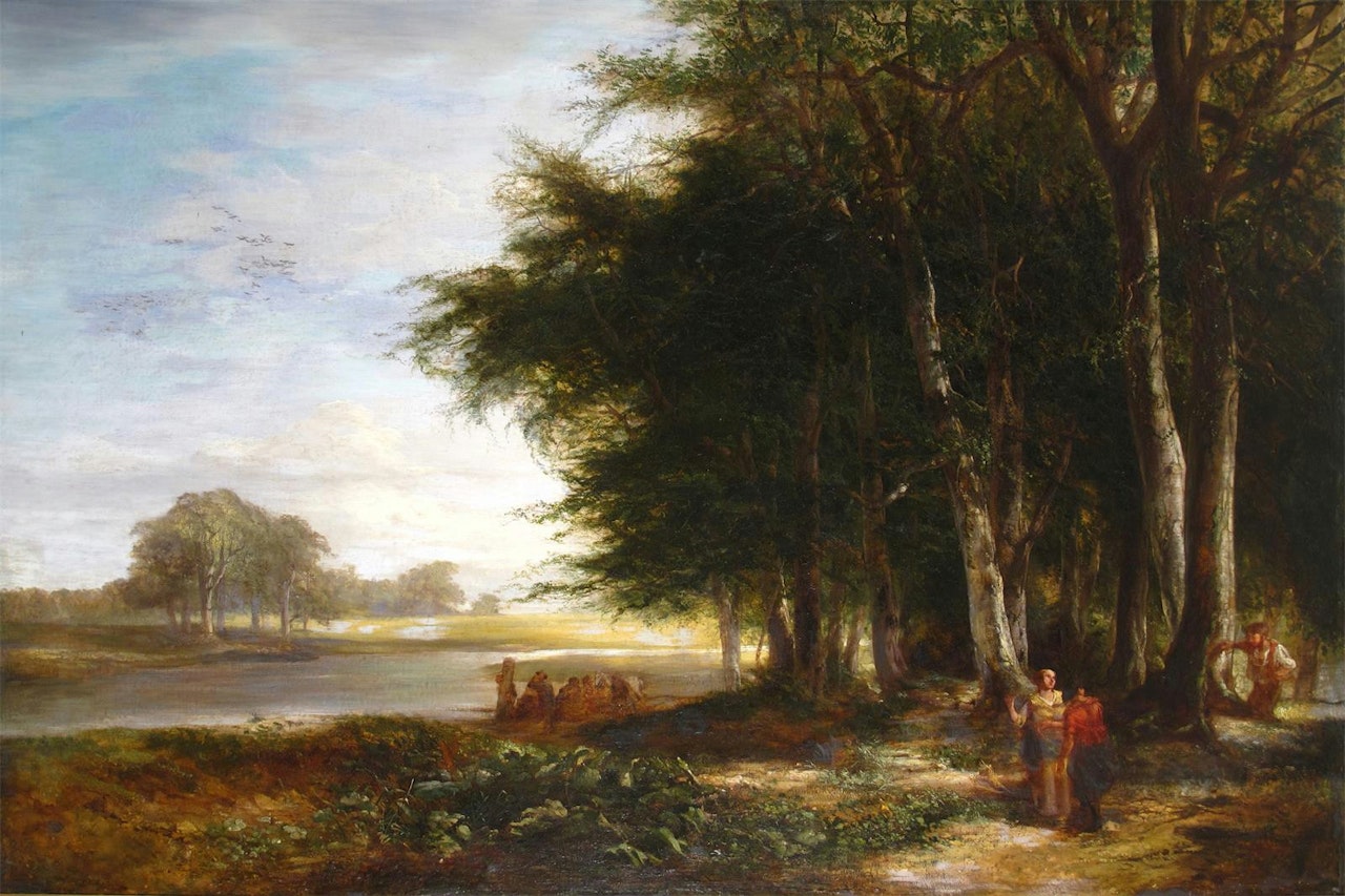 Poachers by a river in a wooded landscape by Continental School