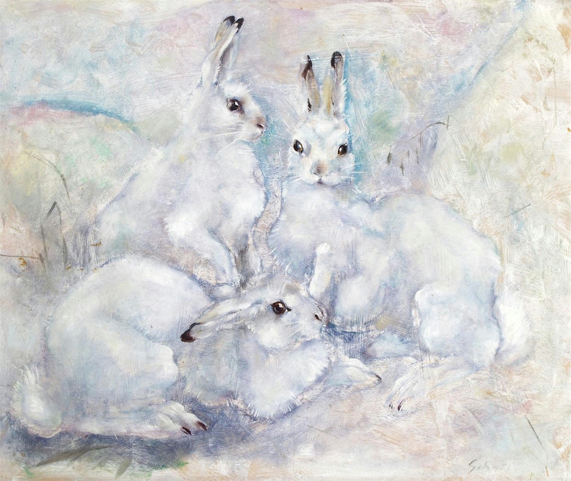 Alpine rabbits in a snowy landscape by Continental School