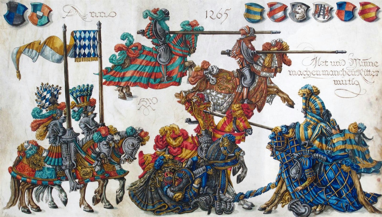 Bold knights jousting by German School