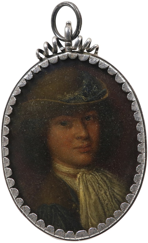 Portrait miniature of a young man, wearing a lace collar and a feathered buff hat by French School