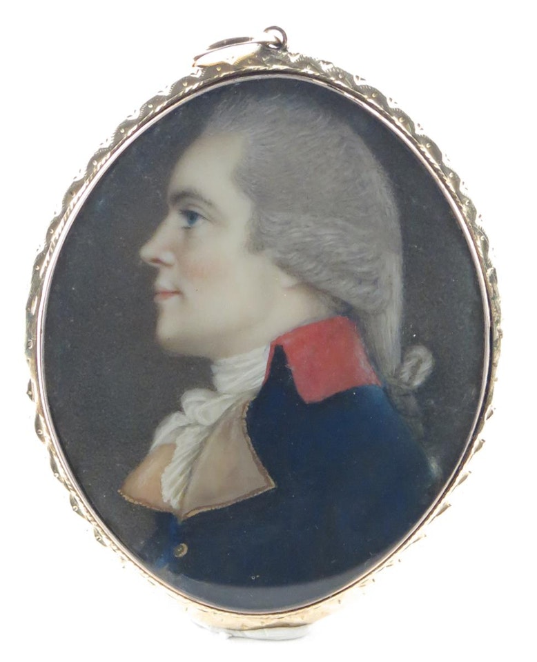 Portrait miniature of a gentleman head and shoulders, wearing a blue coat with a red collar, in profile facing left by English School
