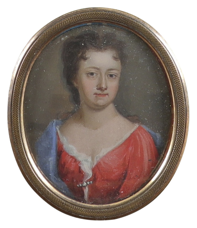 Portrait miniature of a lady, head and shoulders in a red dress, with a blue gown by English School
