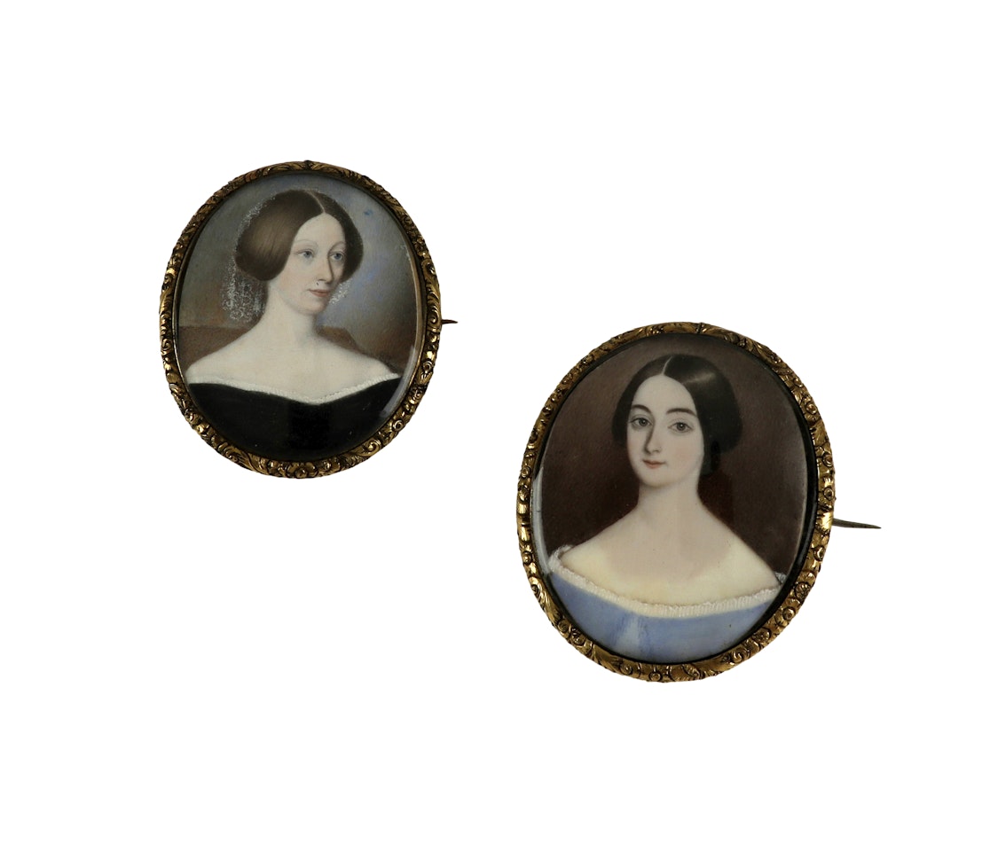 Portrait miniature of a lady in a black dress and lace veil; Portrait miniature of a lady in blue dress by English School