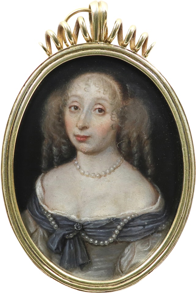 Portrait miniature of a lady, wearing a grey dress and pearl necklace and ringlets in her hair by Dutch School