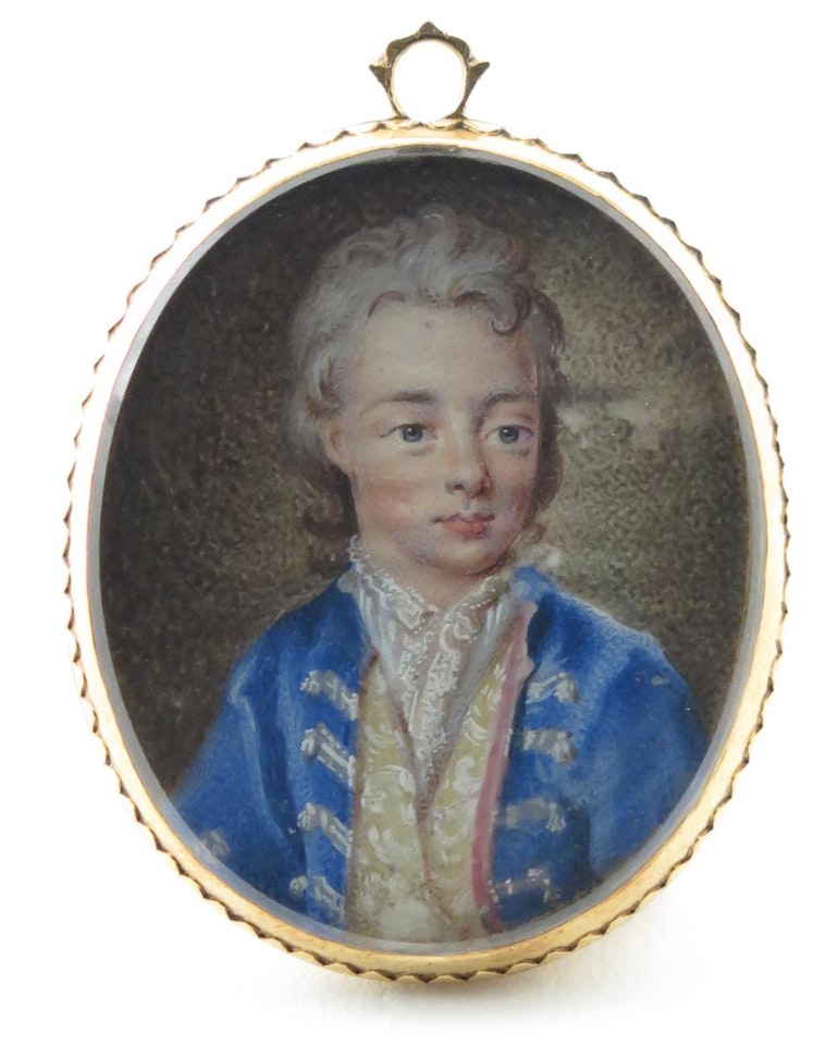 Portrait miniature of Matthews Beachcroft, Director of The Bank of England (died 16th July 1759), head and shoulders, wearing a bright blue coat and yellow waistcoat by English School