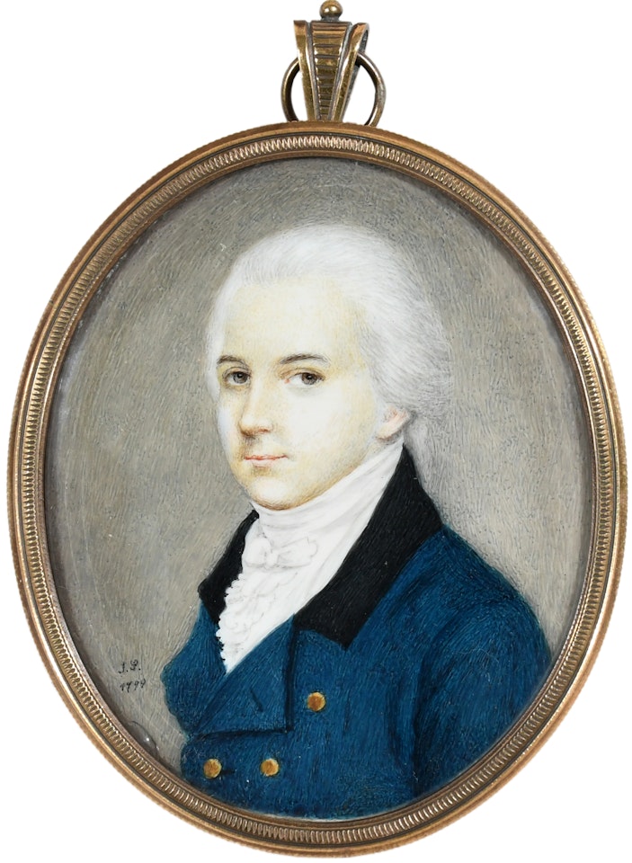 Portrait miniature of a gentleman, wearing a blue coat with gold buttons, and with powdered hair by English School