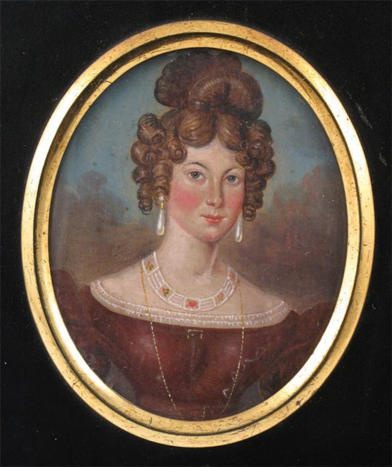 Portraits of three sisters in identical dress and a gentleman by English School