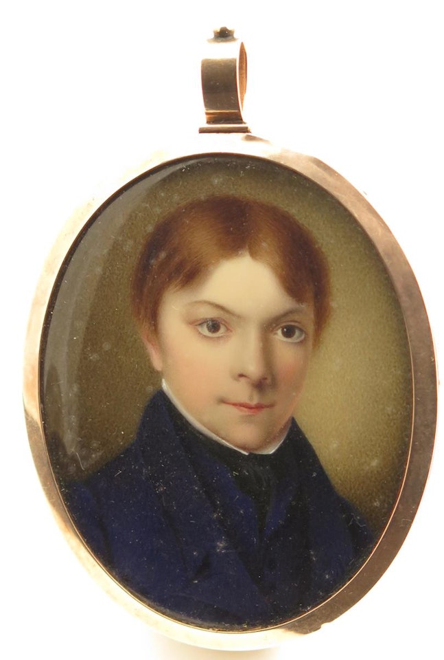Portrait miniature of a boy, head and shoulders, wearing blue by English School