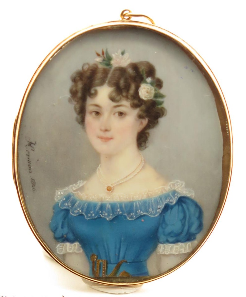 Portrait miniature of a lady, head and shoulders in blue by French School