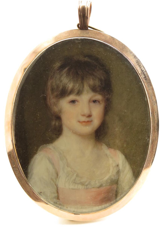 Portrait miniature of a young girl, head and shoulders, in a white and pink dress by English School