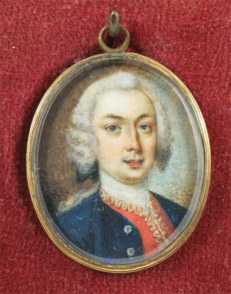 Portrait of a gentleman in a blue coat and red waistcoat by English School