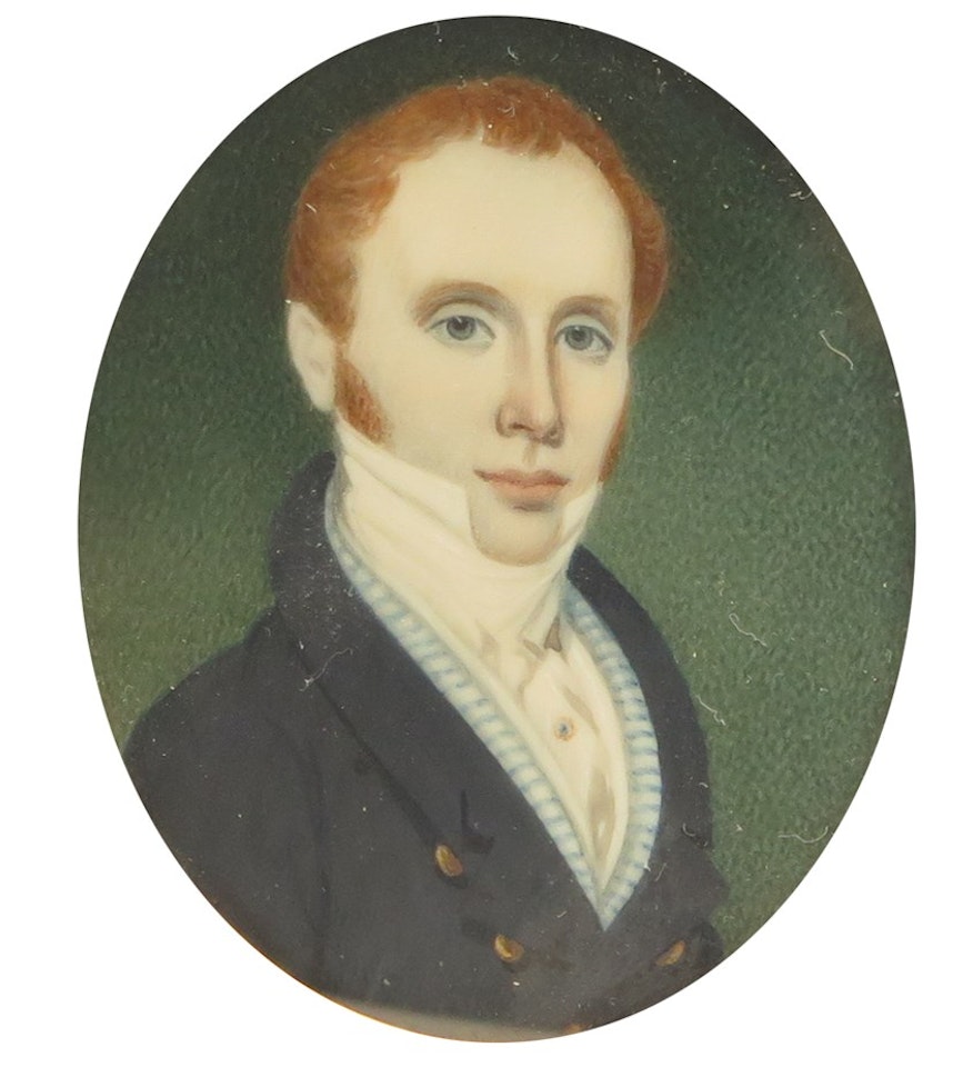 Portrait miniature of a gentleman, head and shoulders in a blue coat and striped waistcoat by English School