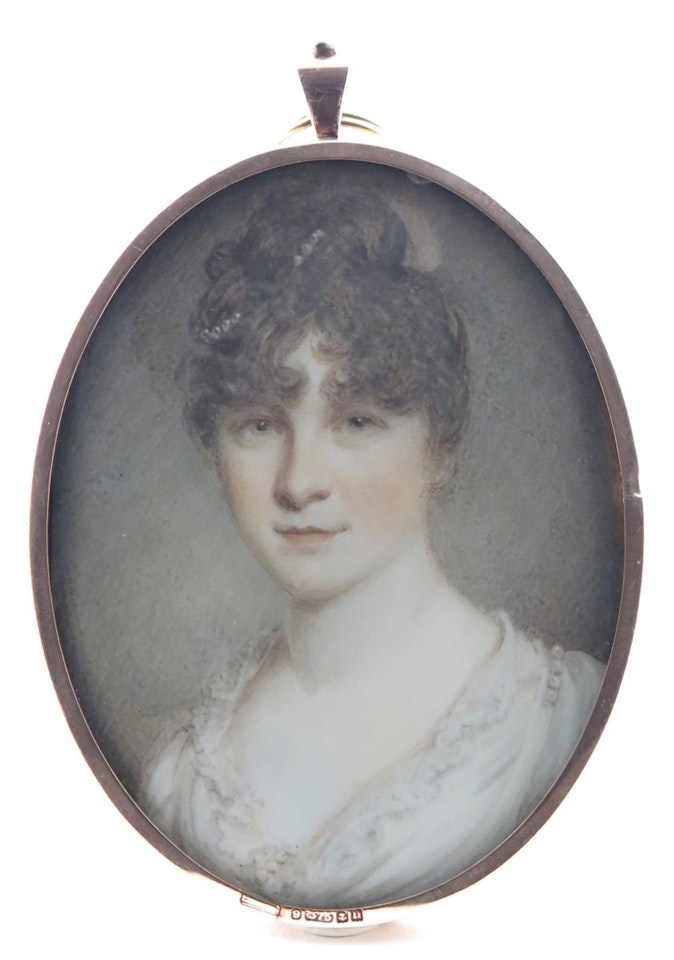 Portrait miniature of Mary Elliott, neé Simpson, wife of Henry Rodney Elliott, bust length, wearing white by English School