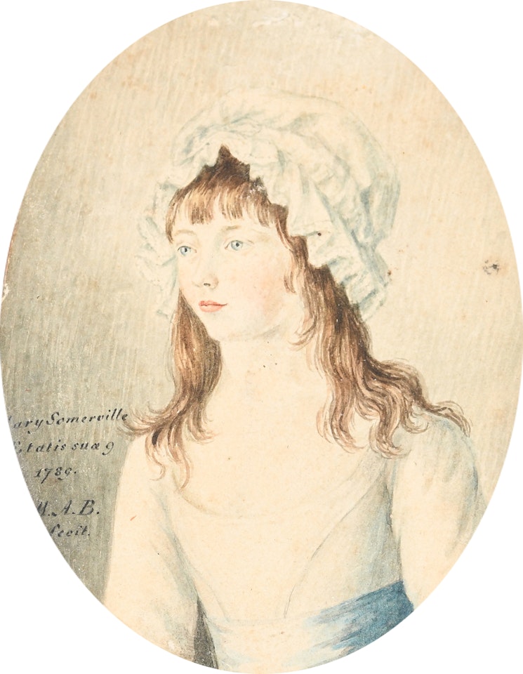 Portrait of a girl, traditionally identified as Mary Somerville, aged nine, wearing a white dress, blue sash and white bonnet by English School