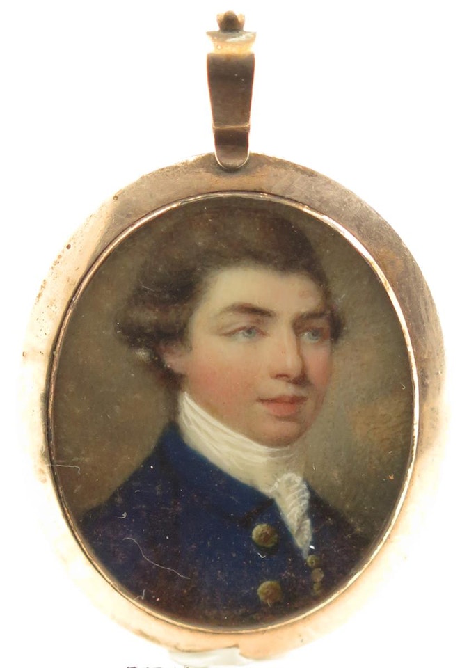 Portrait miniature of a young gentleman, bust length, wearing blue by English School