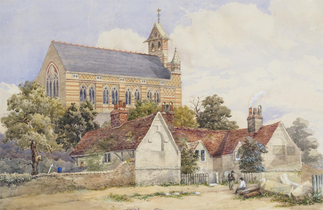 Queen"s Gate, South Kensington with the Old Methwold Alms Houses and Church of St. Augustine by English School