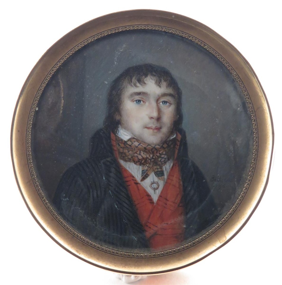 Portrait miniature of a gentleman, head and shoulders wearing a striped jacket and waistcoat by French School