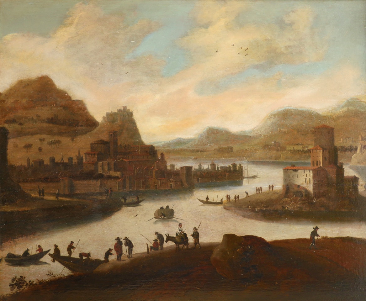 Italianate river landscape with figures and a town beyond by Flemish School