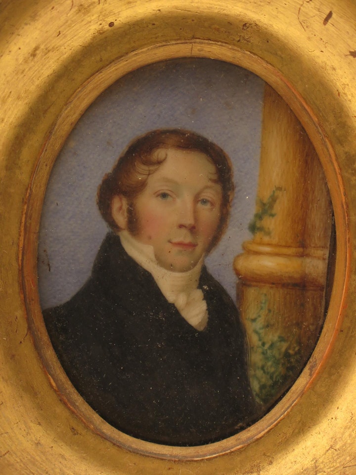 Portrait miniature of Edward Burrell, head and shoulders in blue by English School