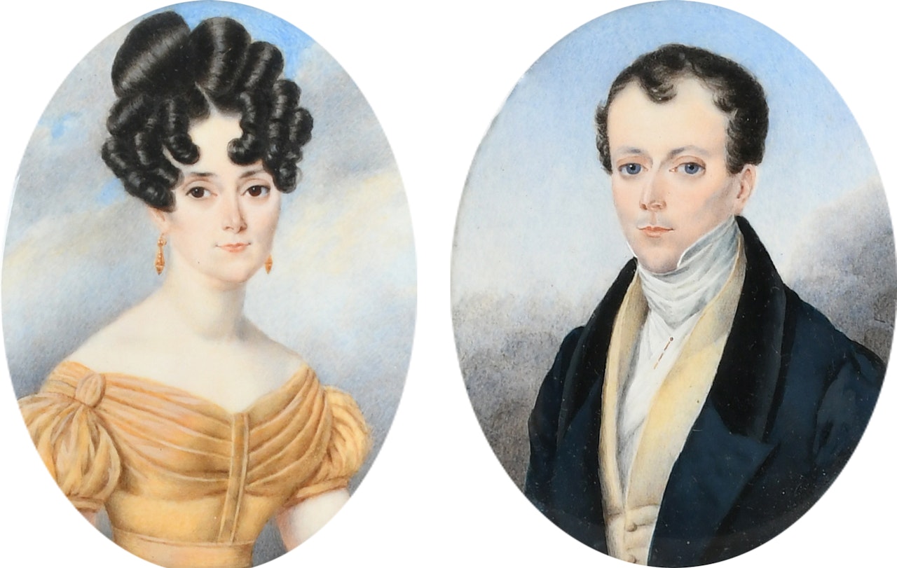 Portrait miniature of John Pardoe of Leyton, Essex (1787-1870); wearing a navy coat and yellow waistcoat; wearing a brown dress by English School