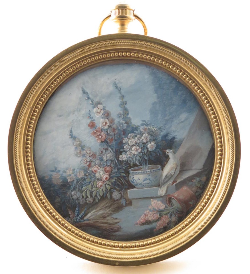 Still life of hollyhocks, roses, flowers and a dove in a landscape by Dutch School