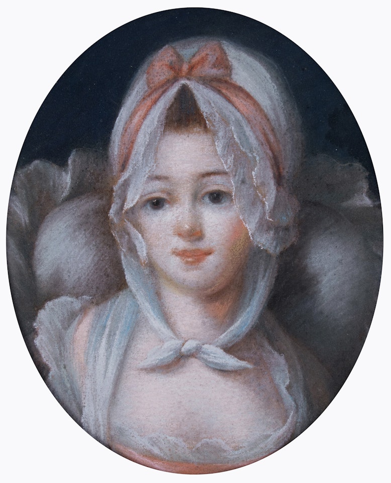 Portrait of a young woman wearing a bonnet and coral ribbon by French School