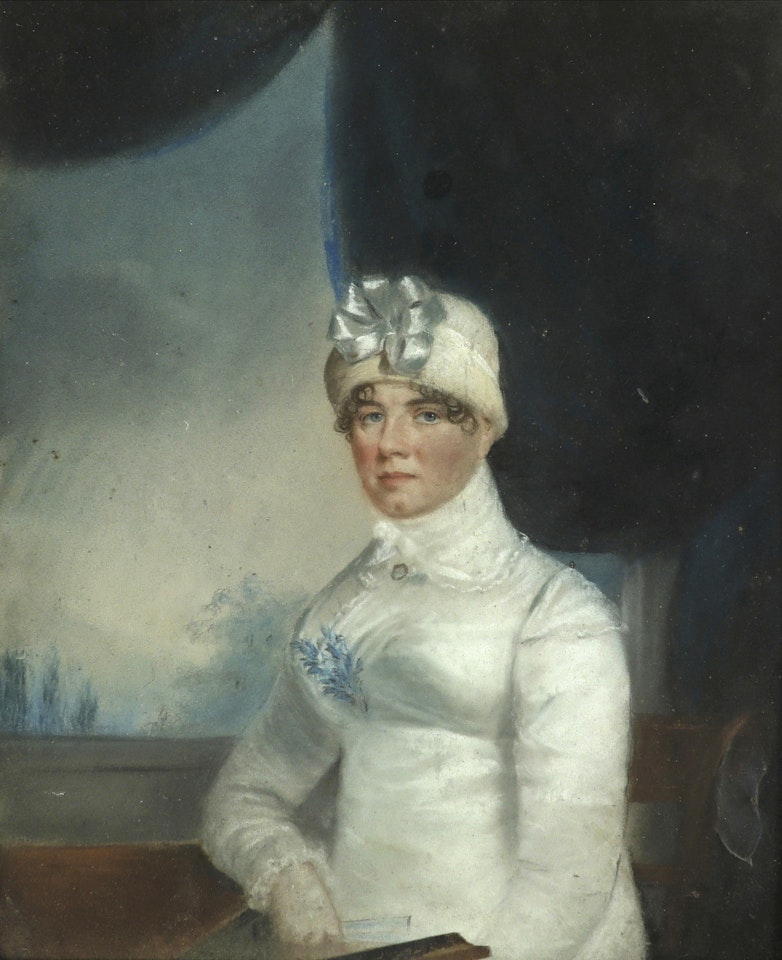 Portrait of Mary Williams, wearing white, seated before a window by English School