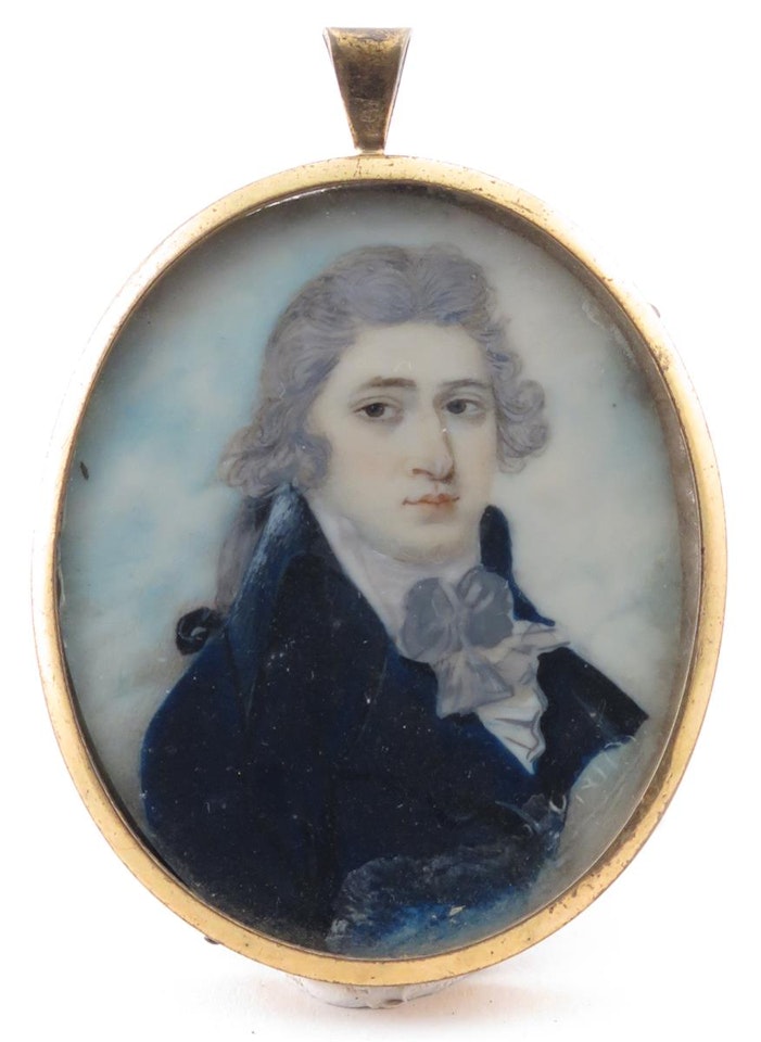 Portrait miniature of a gentleman, half length in blue by English School