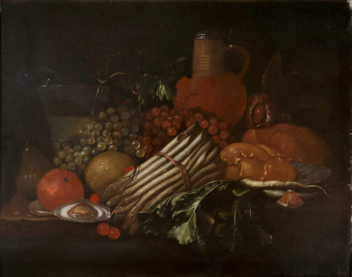 Still life with asparagus, an oyster, fruit and a pitcher on a ledge by Spanish School
